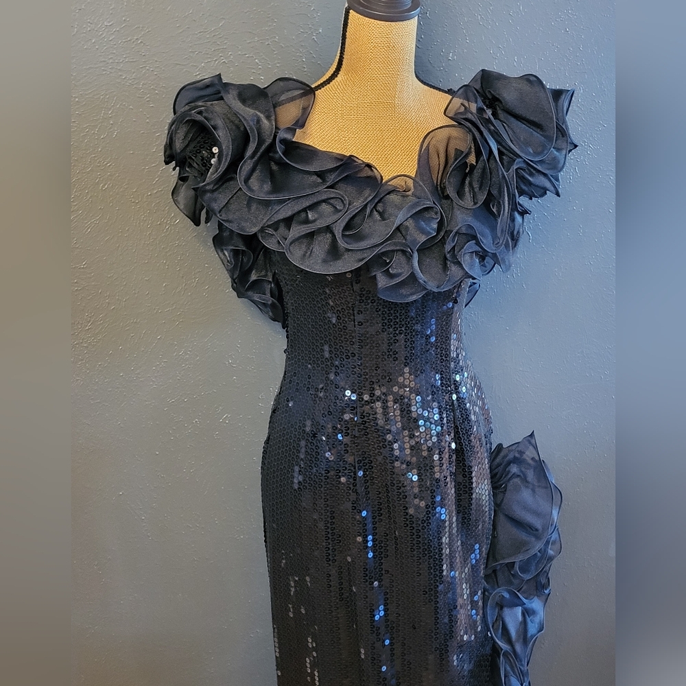 Alyce Designs Vintage 80s Black Sequined Full-Length Dress Size 12 - Picture 5 of 14